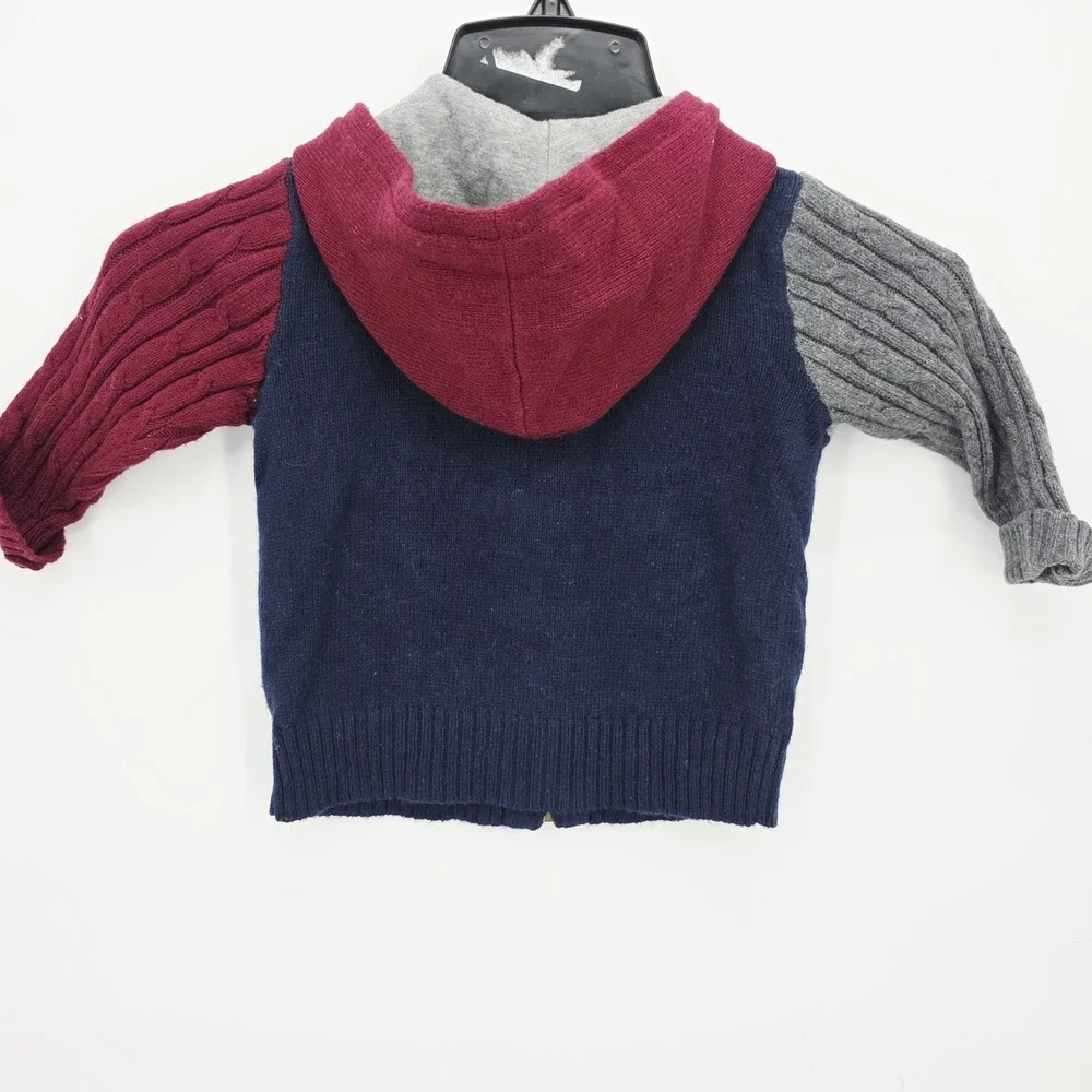 Baby Gap Toddler Colorblock Knit Hoodie Sweater Zipper Maroon Blue Gray 12-18 MO